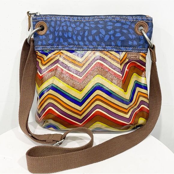 Fossil Crossbody Handbag Womens Coated Canvas Striped‎ Key-Per - Picture 1 of 16